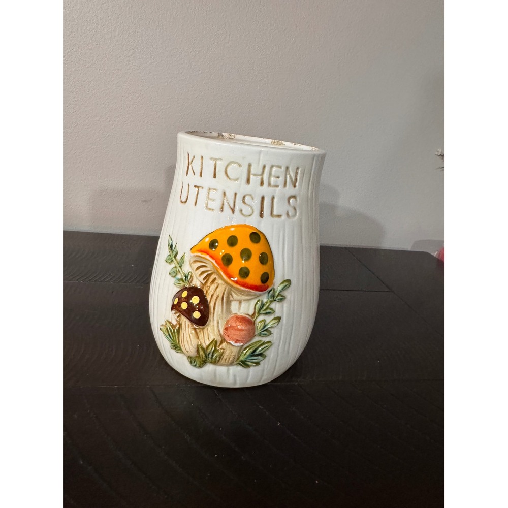 Vintage 1983 Sears Mushroom Kitchen Utensil Holder Ceramic Crock Made in Japan
